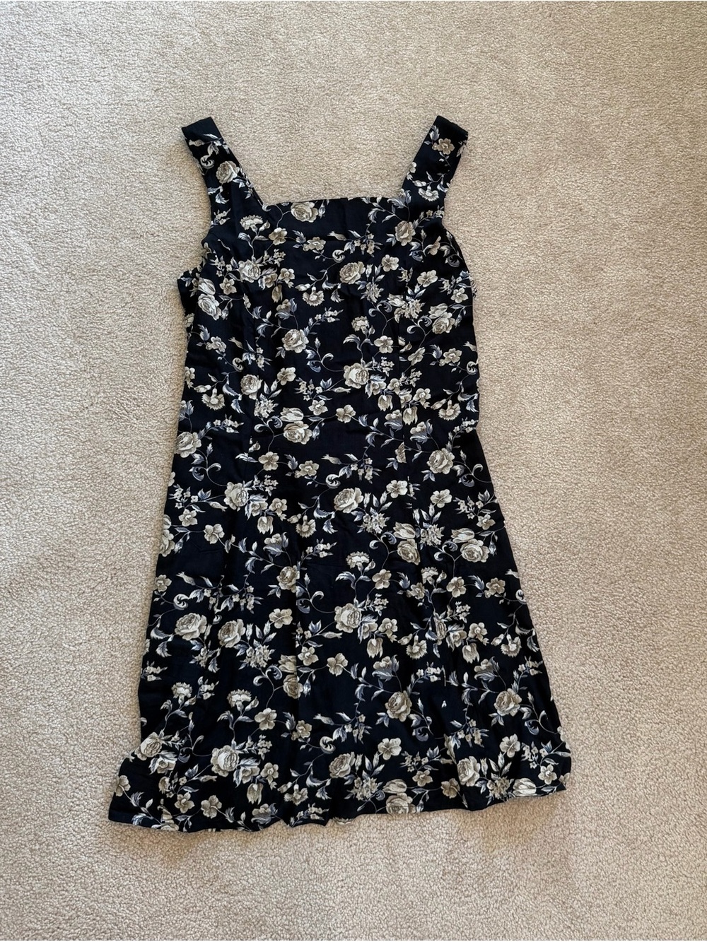 Vintage Black Floral Sundress with Cream Rose Print